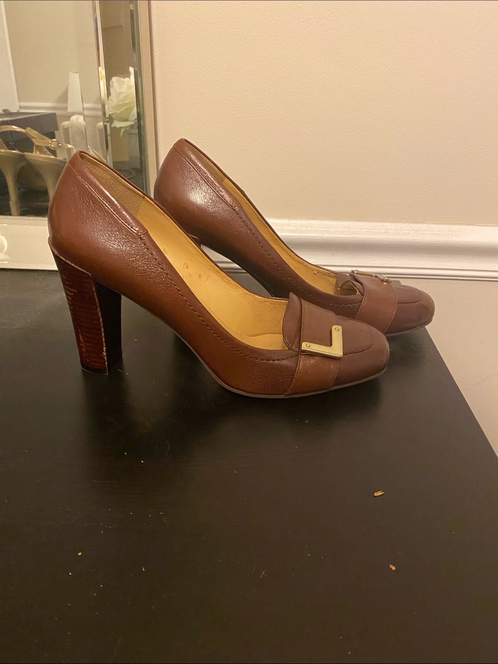 Nine West Brown Leather Block Heel Pumps with Gold Accent